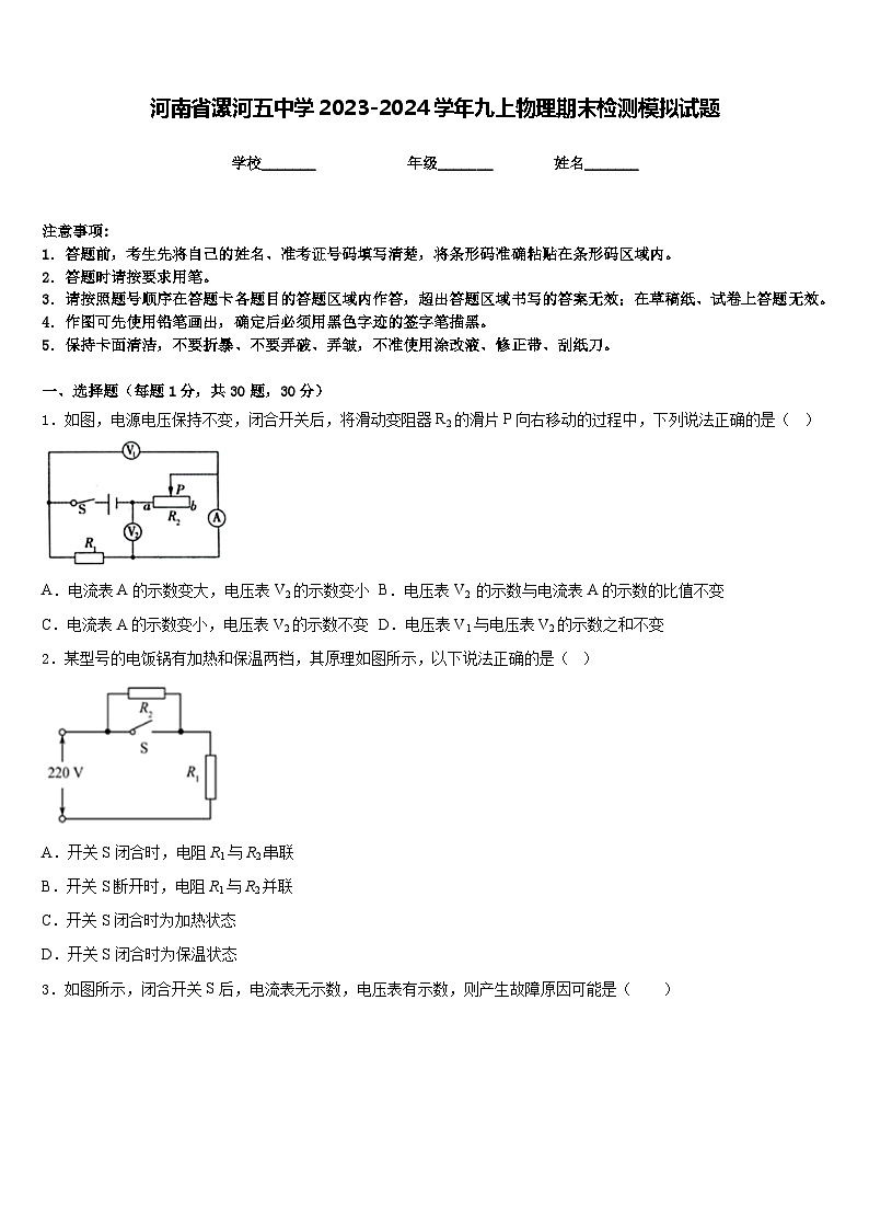 河南省漯河五中学2023-2024学年九上物理期末检测模拟试题含答案01