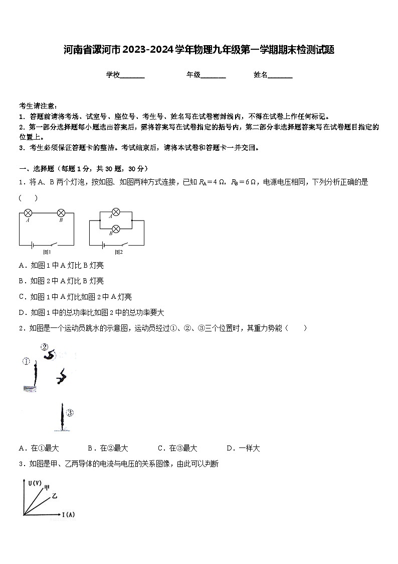 河南省漯河市2023-2024学年物理九年级第一学期期末检测试题含答案第1页