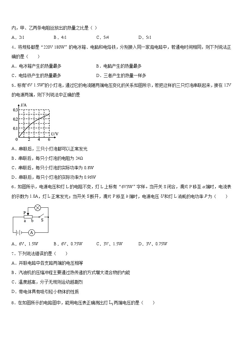 河南省叶县2023-2024学年物理九年级第一学期期末学业水平测试试题含答案02