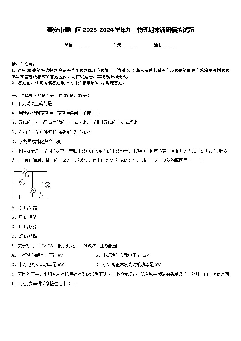 泰安市泰山区2023-2024学年九上物理期末调研模拟试题含答案01