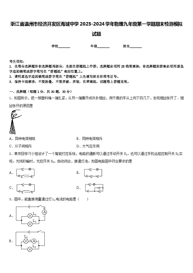浙江省温州市经济开发区海城中学2023-2024学年物理九年级第一学期期末检测模拟试题含答案第1页