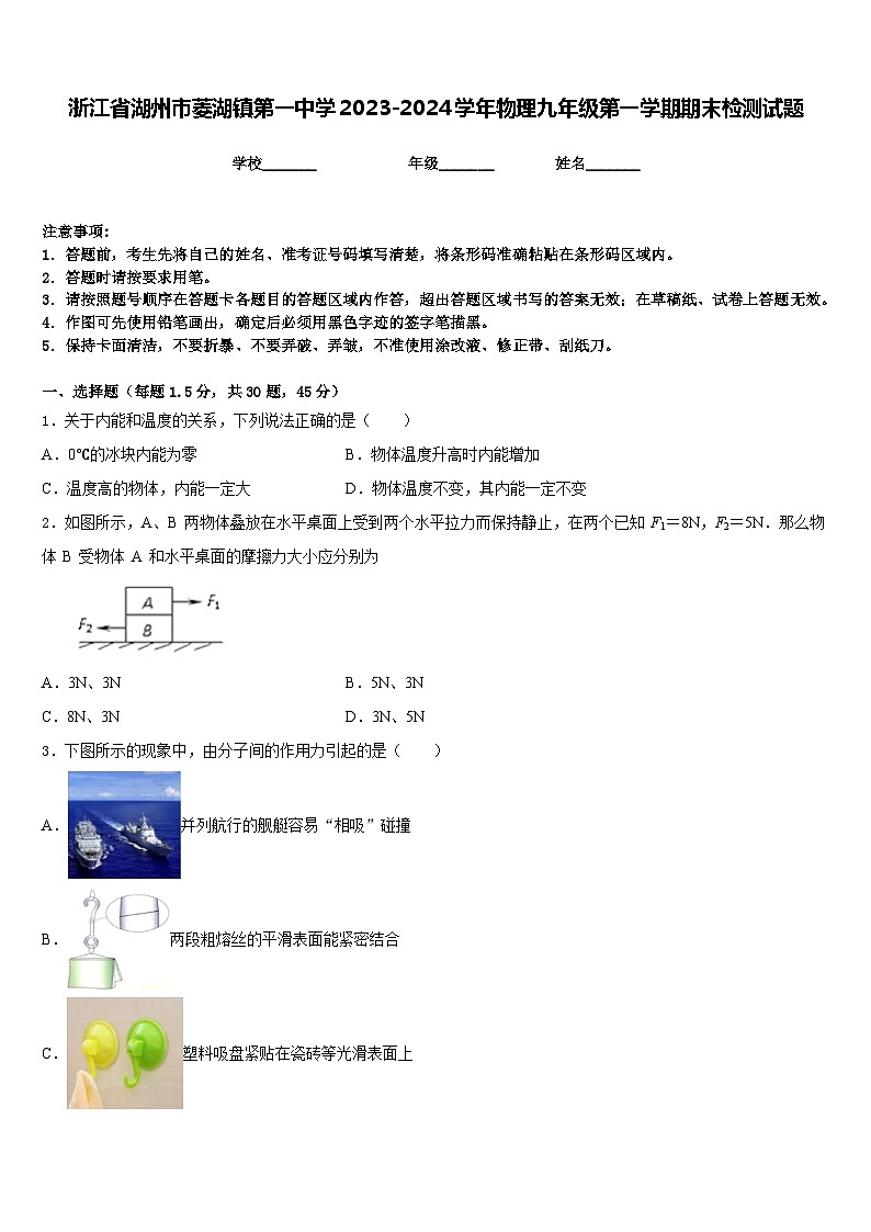 浙江省湖州市菱湖镇第一中学2023-2024学年物理九年级第一学期期末检测试题含答案第1页