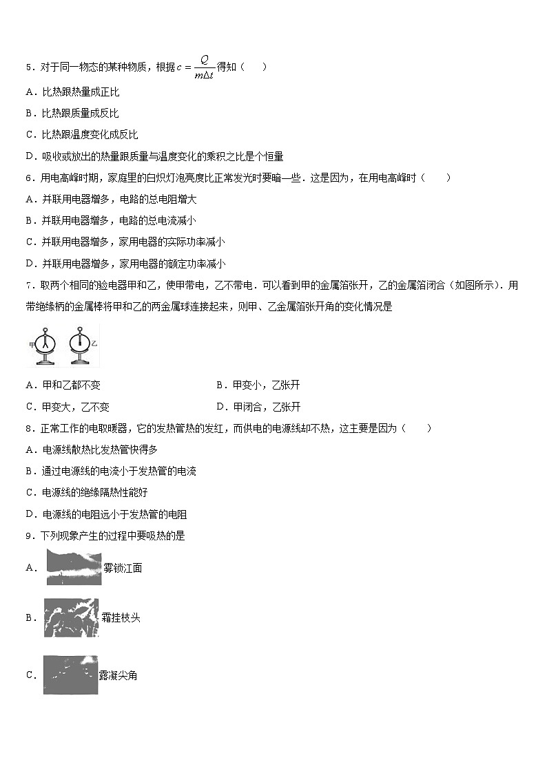 浙江省台州市椒江区第五中学2023-2024学年物理九年级第一学期期末学业水平测试试题含答案02