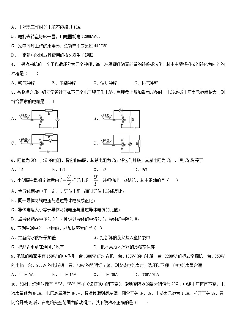 海南省文昌市罗峰中学2023-2024学年九年级物理第一学期期末学业质量监测试题含答案第2页
