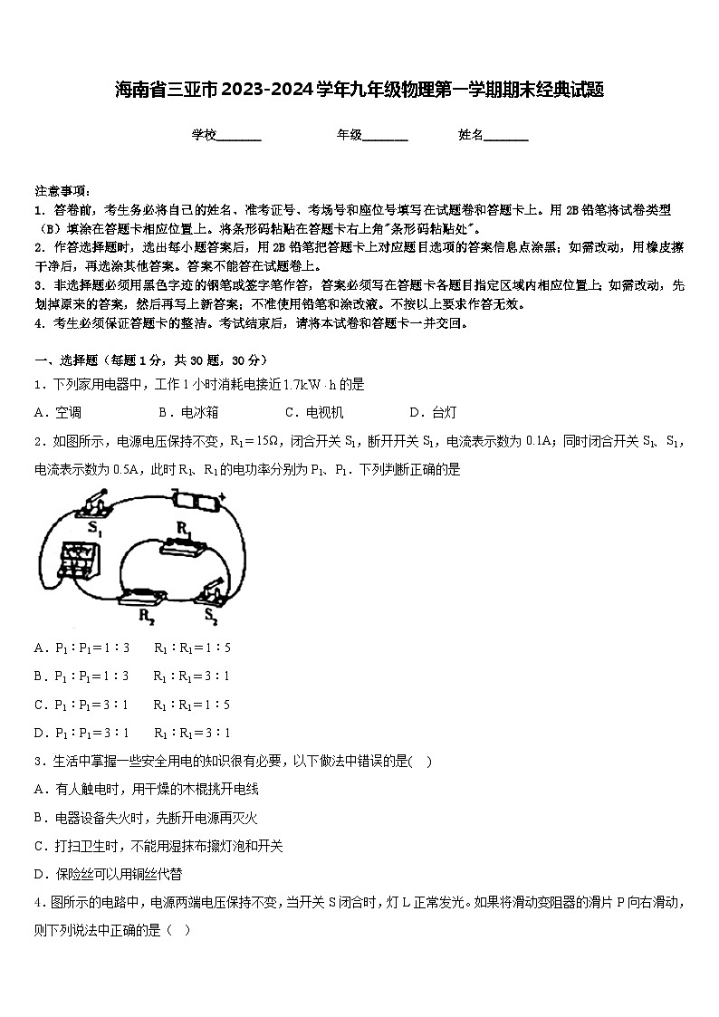海南省三亚市2023-2024学年九年级物理第一学期期末经典试题含答案第1页