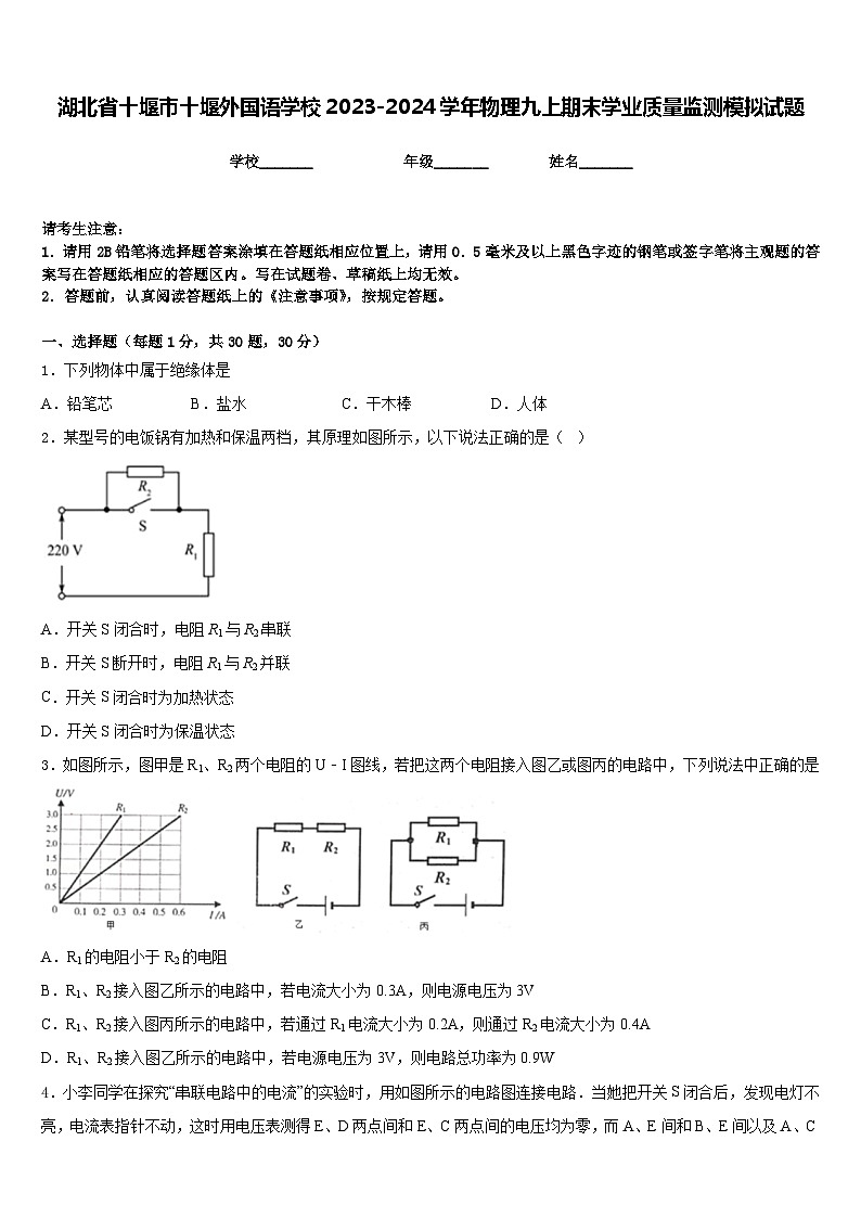 湖北省十堰市十堰外国语学校2023-2024学年物理九上期末学业质量监测模拟试题含答案01