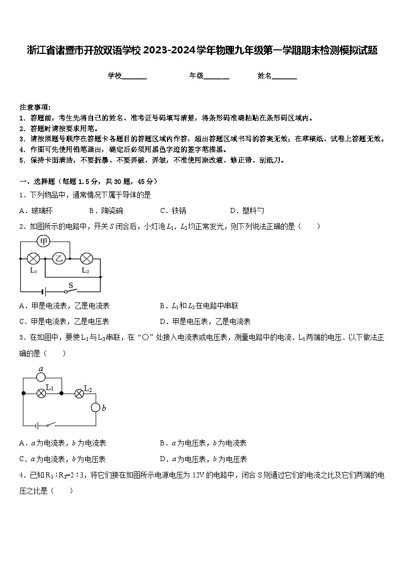 浙江省诸暨市开放双语学校2023-2024学年物理九年级第一学期期末检测模拟试题含答案01