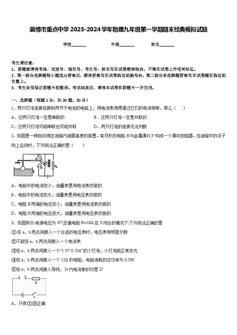 淄博市重点中学2023-2024学年物理九年级第一学期期末经典模拟试题含答案第1页