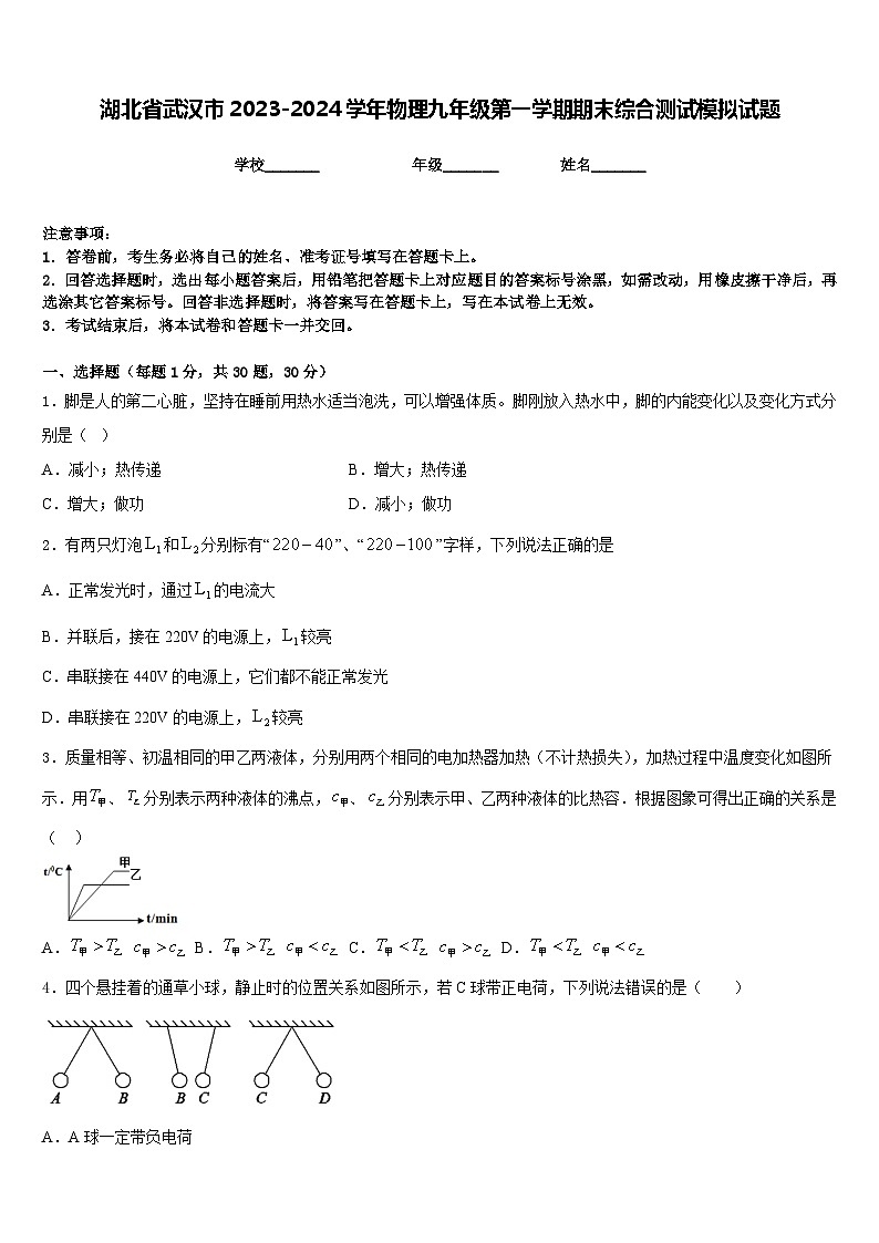 湖北省武汉市2023-2024学年物理九年级第一学期期末综合测试模拟试题含答案01