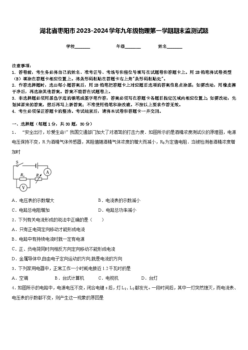 湖北省枣阳市2023-2024学年九年级物理第一学期期末监测试题含答案第1页