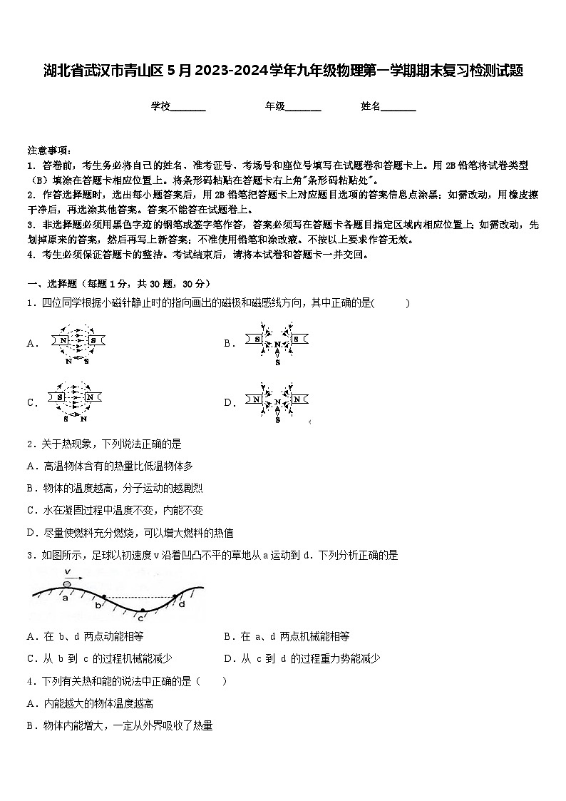 湖北省武汉市青山区5月2023-2024学年九年级物理第一学期期末复习检测试题含答案01