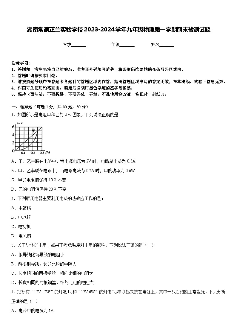 湖南常德芷兰实验学校2023-2024学年九年级物理第一学期期末检测试题含答案01