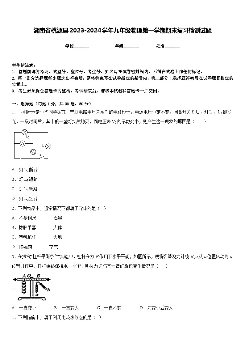 湖南省桃源县2023-2024学年九年级物理第一学期期末复习检测试题含答案第1页