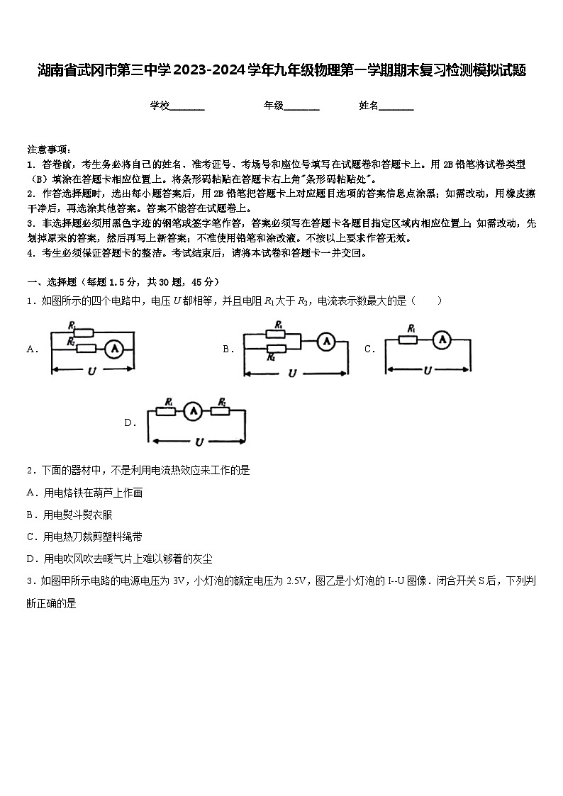湖南省武冈市第三中学2023-2024学年九年级物理第一学期期末复习检测模拟试题含答案第1页