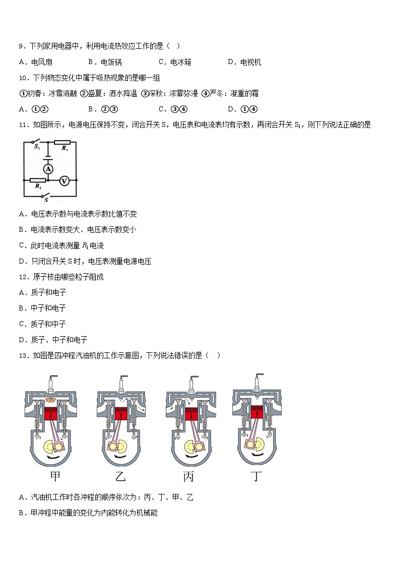 湖南省湘西土家族苗族自治州凤凰县2023-2024学年九年级物理第一学期期末预测试题含答案第3页