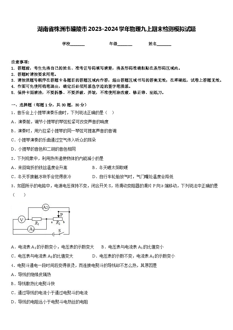 湖南省株洲市醴陵市2023-2024学年物理九上期末检测模拟试题含答案01