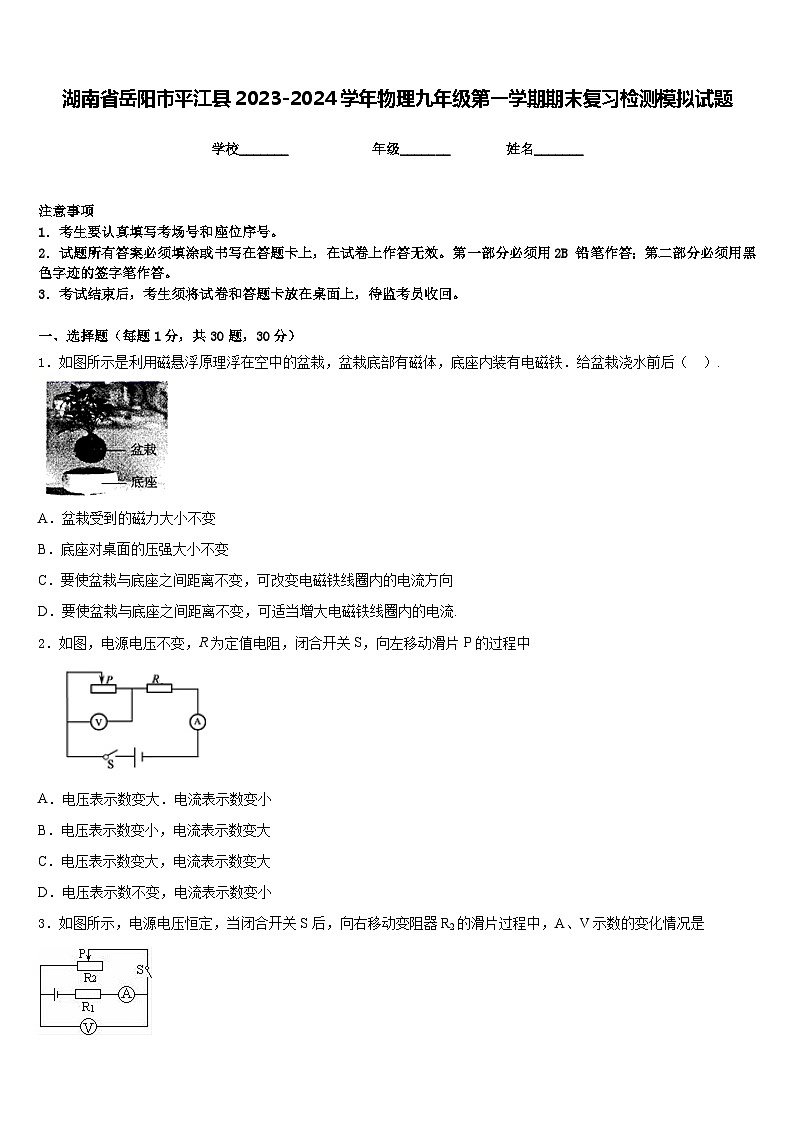 湖南省岳阳市平江县2023-2024学年物理九年级第一学期期末复习检测模拟试题含答案01
