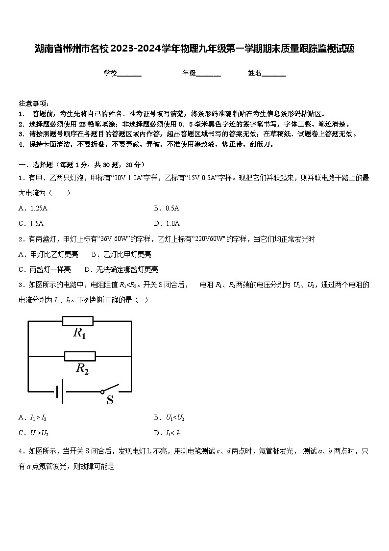 湖南省郴州市名校2023-2024学年物理九年级第一学期期末质量跟踪监视试题含答案第1页