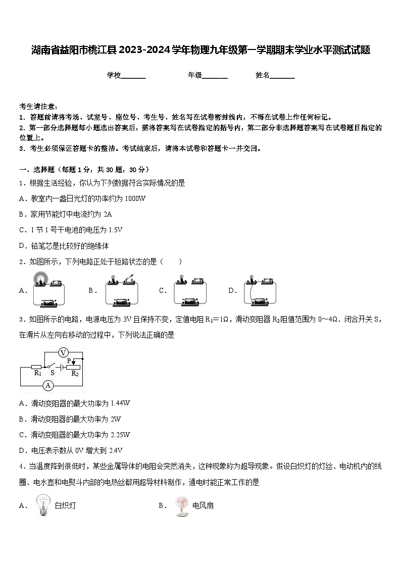 湖南省益阳市桃江县2023-2024学年物理九年级第一学期期末学业水平测试试题含答案第1页