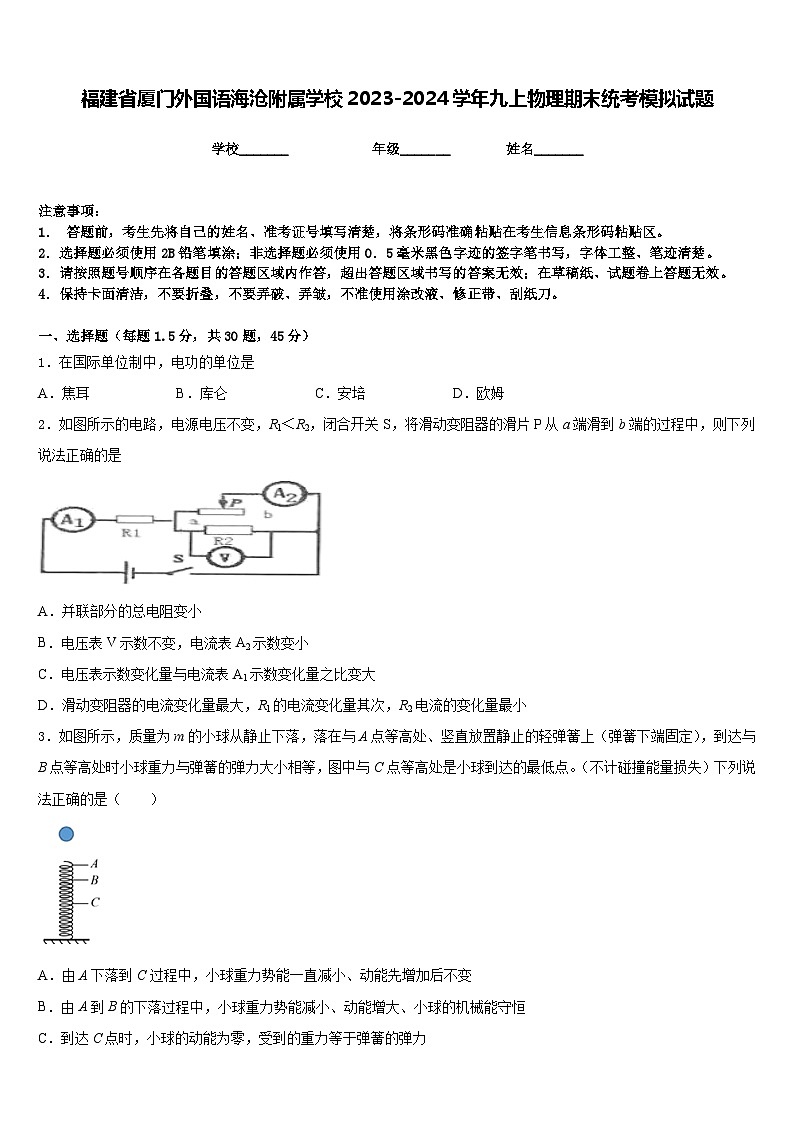 福建省厦门外国语海沧附属学校2023-2024学年九上物理期末统考模拟试题含答案第1页