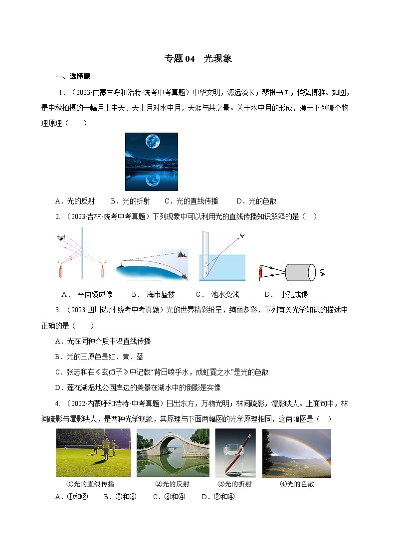 【备战2024年中考】一轮复习 初中物理 专题04 光现象（真题训练）教师版+学生版01