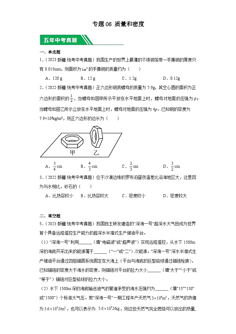 专题06 质量和密度(原卷版)第1页