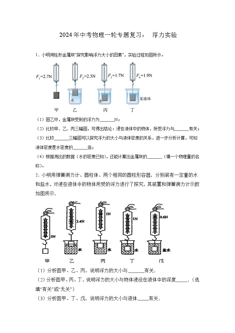 2024年中考物理一轮专题复习：浮力实验01