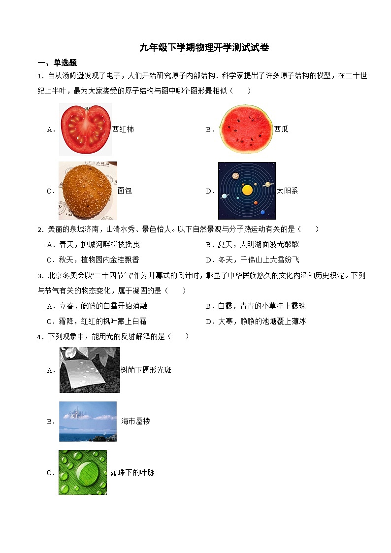 山东省济南市2024年九年级下学期物理开学测试试卷含答案01