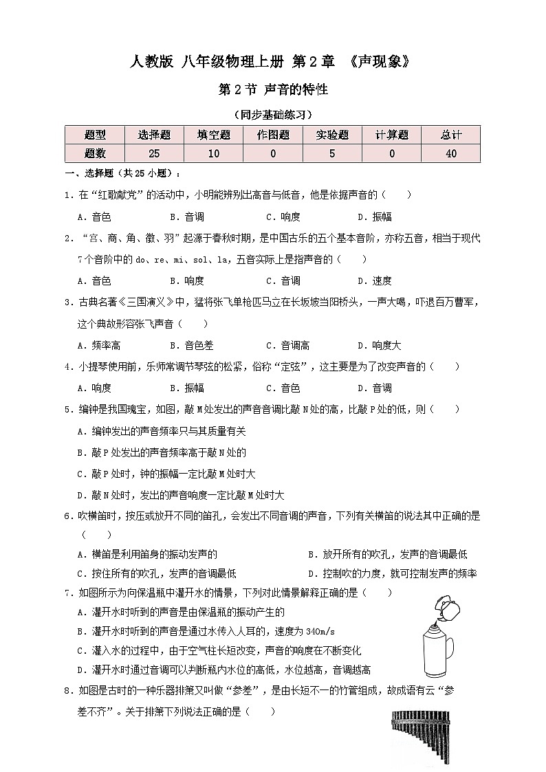 人教版八年级物理上册 2.2声音的特性（同步练习）原卷版+解析01
