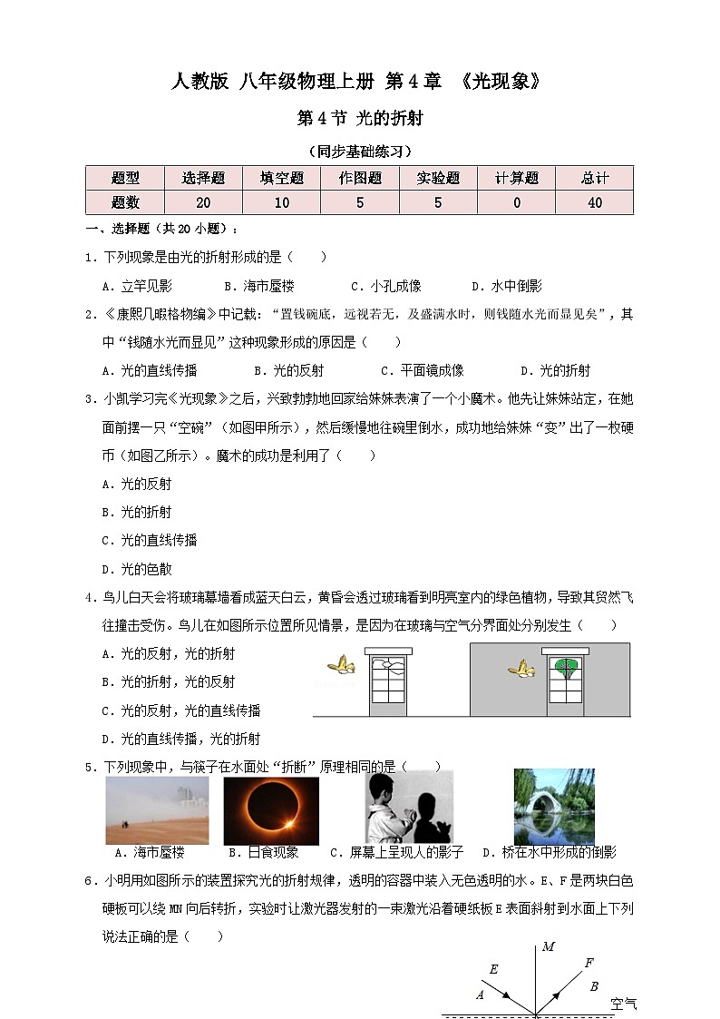 人教版八年级物理上册 4.4光的折射（同步练习）原卷版+解析01