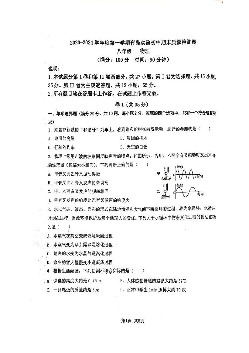 山东省青岛实验初级中学2023-2024学年八年级上学期期末物理试题第1页