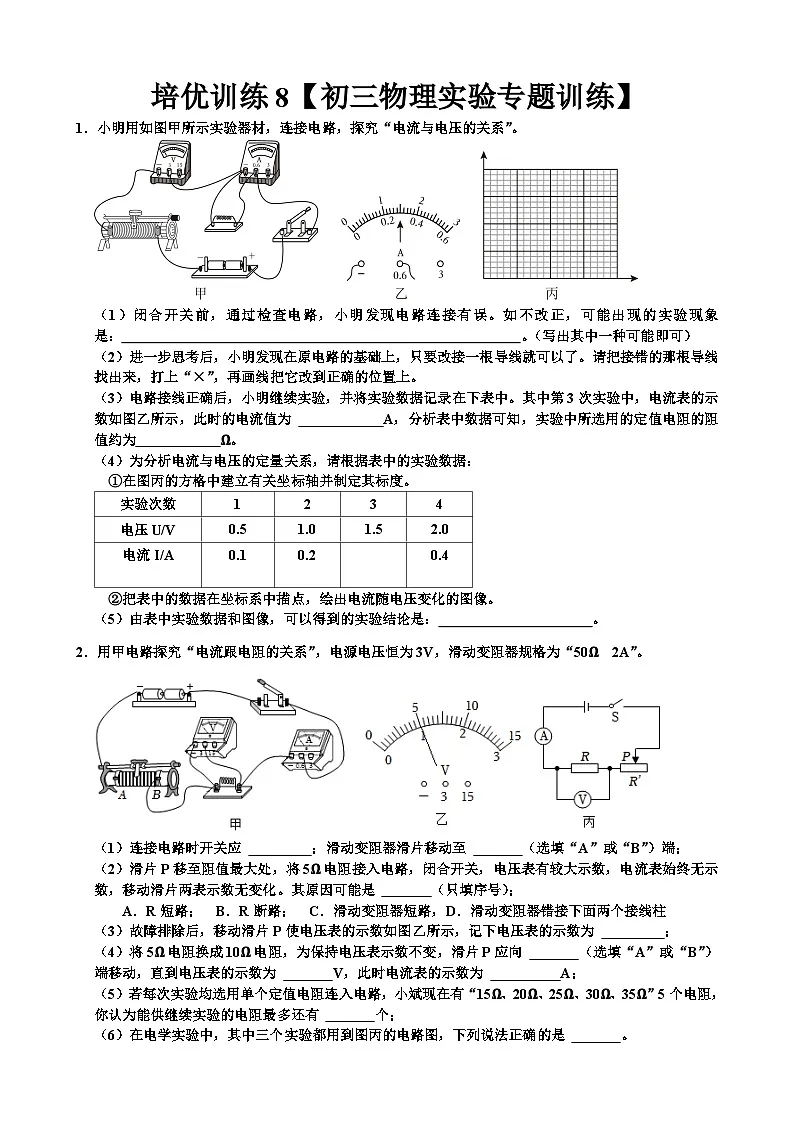 2024年中考物理复习培优训练8--实验专题训练第1页