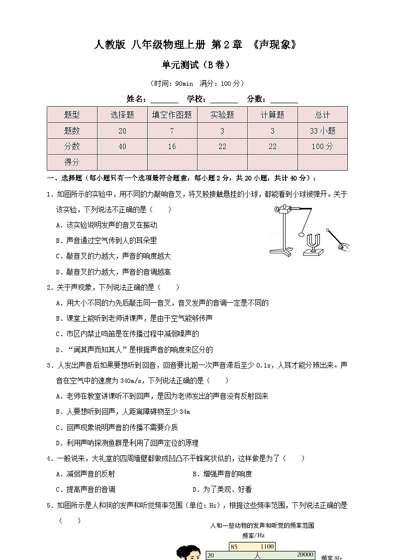 人教版八年级物理上册 第2章《声现象》单元测试练习（B卷）原卷版01