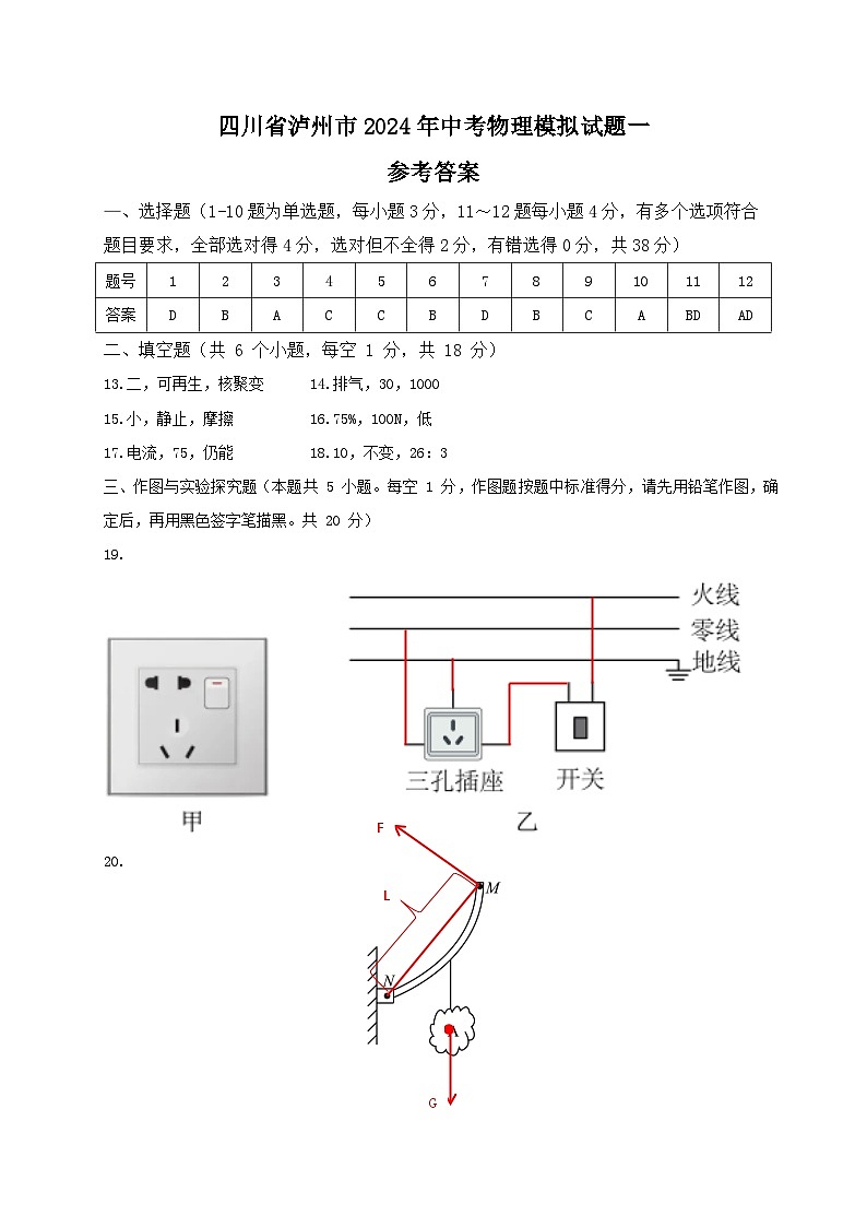 41，2024年四川省泸州市中考物理模拟试题一(1)第1页
