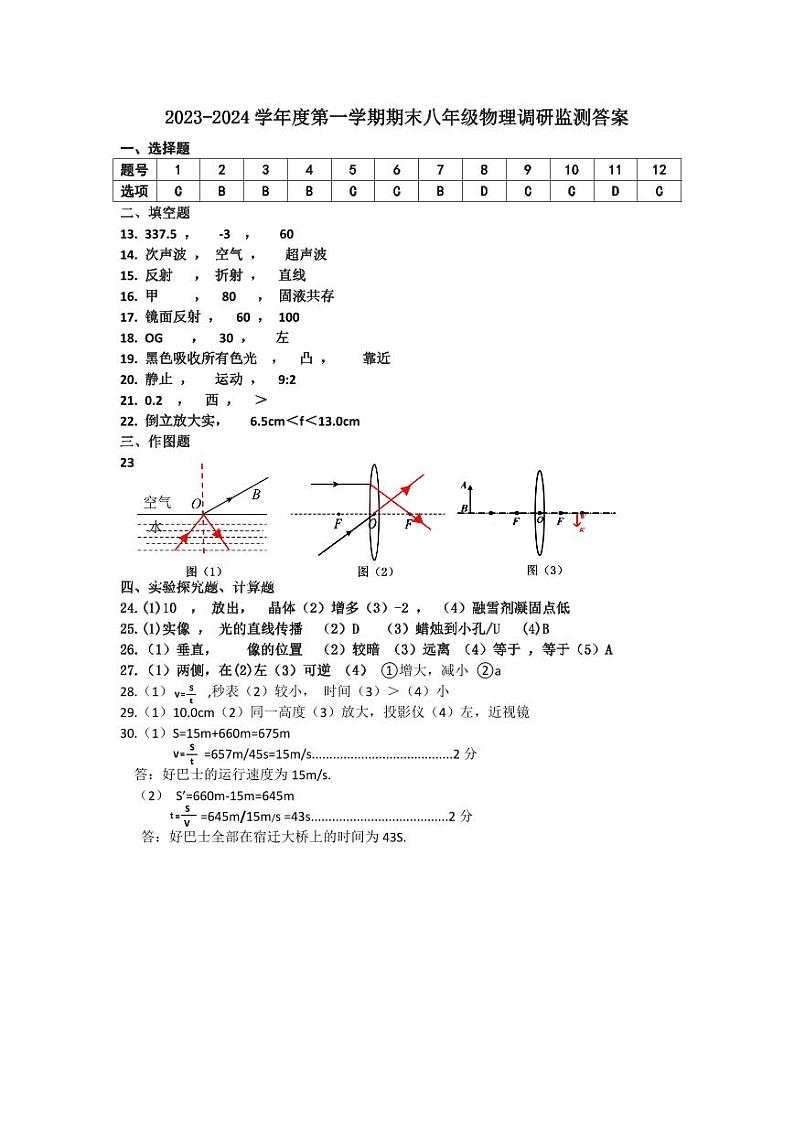江苏省宿迁地区2023-2024学年八年级上学期期末调研监测物理试卷01