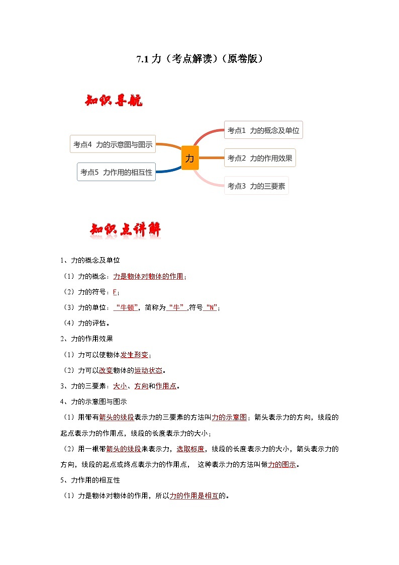 人教版八年级物理下册同步考点解读专题训练 7.1力（考点解读）（原卷版+解析）01