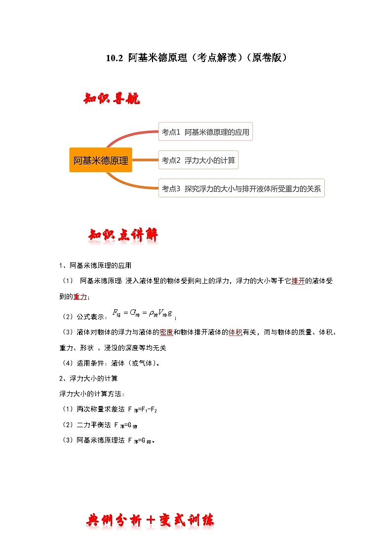 人教版八年级物理下册同步考点解读专题训练 10.2 阿基米德原理（考点解读）（原卷版+解析）01