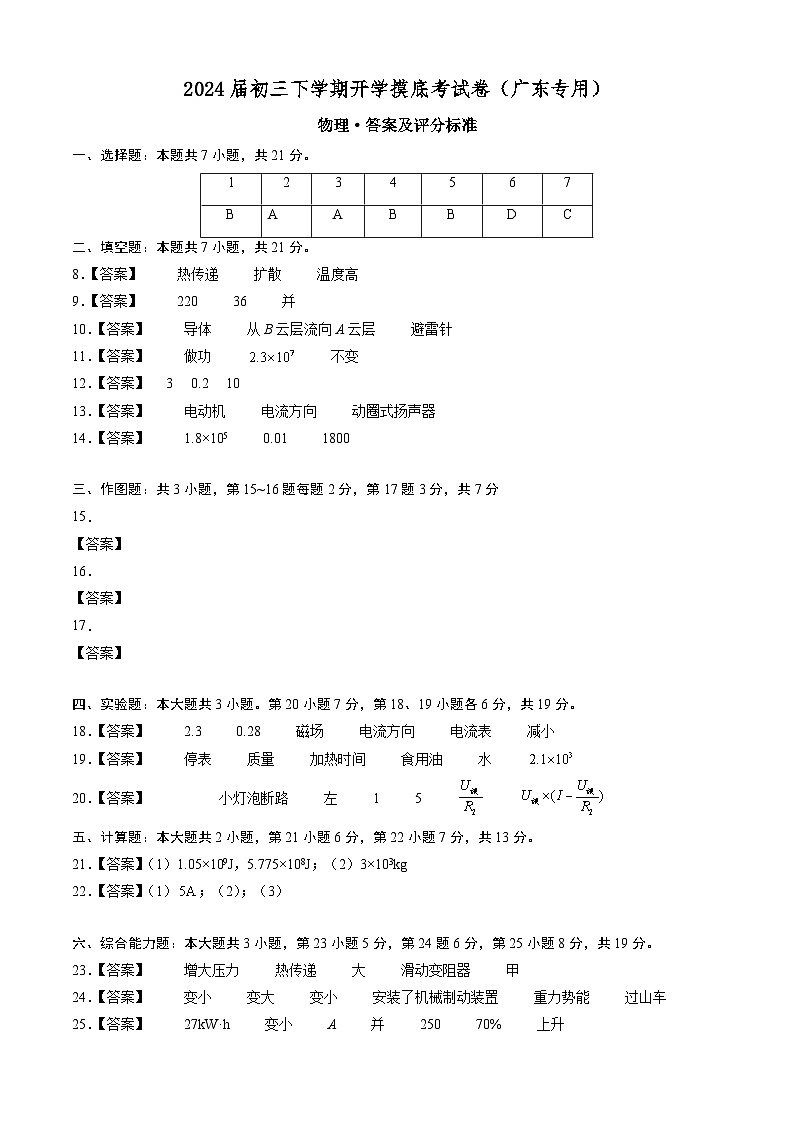 【开学摸底考】九年级物理（广东专用）-2023-2024学年初中下学期开学摸底考试卷.zip01