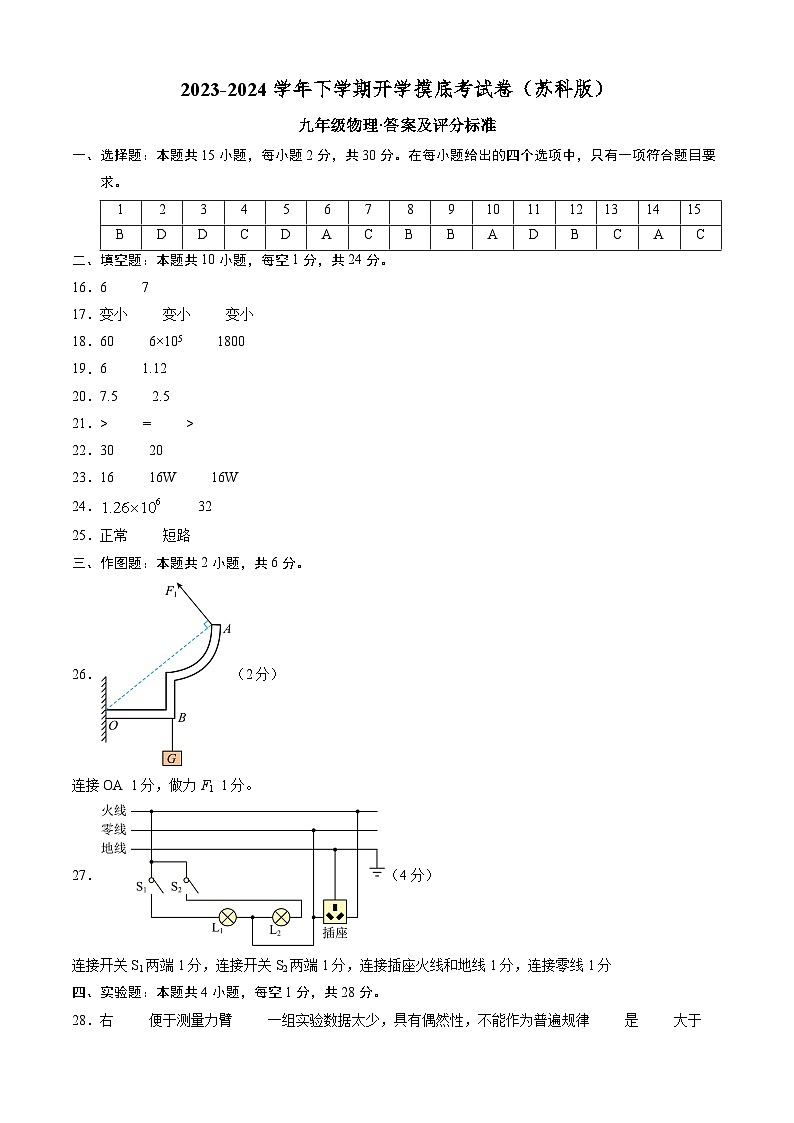 【开学摸底考】九年级物理（苏科版）-2023-2024学年初中下学期开学摸底考试卷.zip01