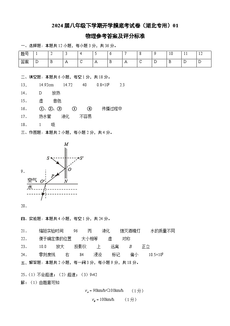 【开学摸底考】八年级物理（湖北专用，新省统考）-2023-2024学年初中下学期开学摸底考试卷.zip01