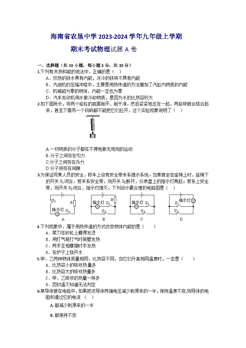 海南省农垦中学2023-2024学年九年级上学期期末考试物理试题A卷01