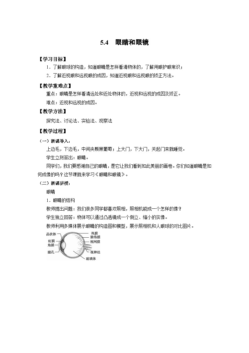 人教版初中物理八年级上册5.4  眼睛和眼镜 教案01