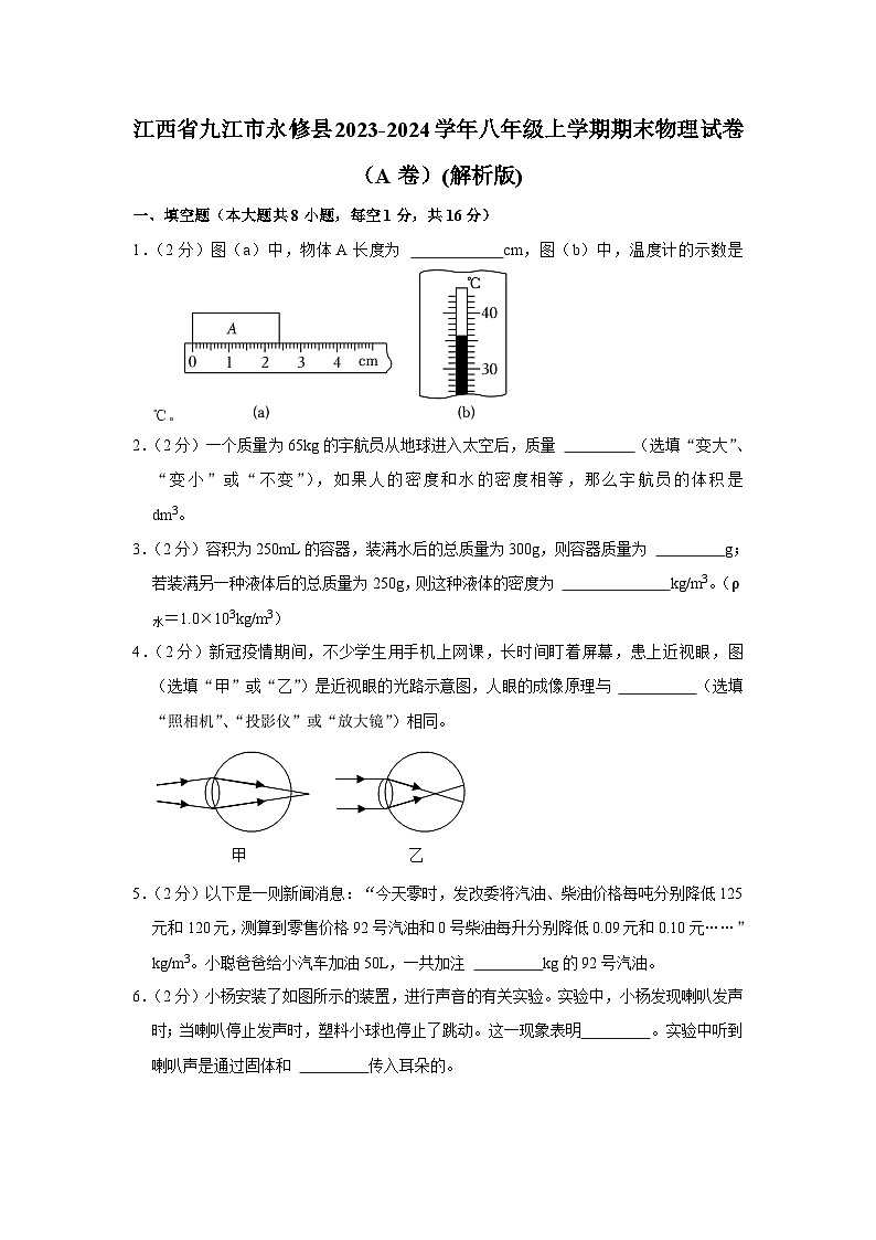 江西省九江市永修县2023-2024学年八年级上学期期末物理试卷（A卷）01