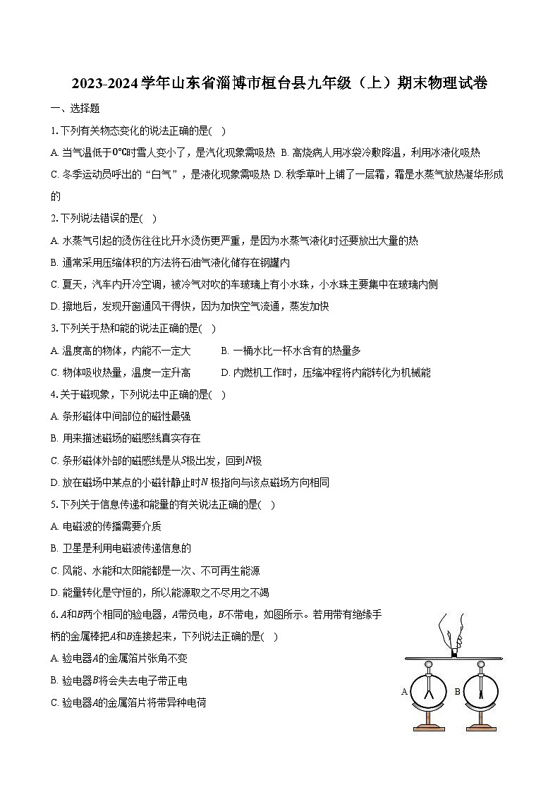 2023-2024学年山东省淄博市桓台县九年级（上）期末物理试卷（含解析）第1页