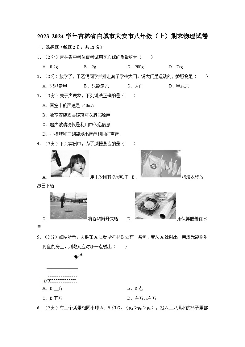 24，吉林省白城市大安市2023-2024学年八年级上学期期末物理试卷第1页
