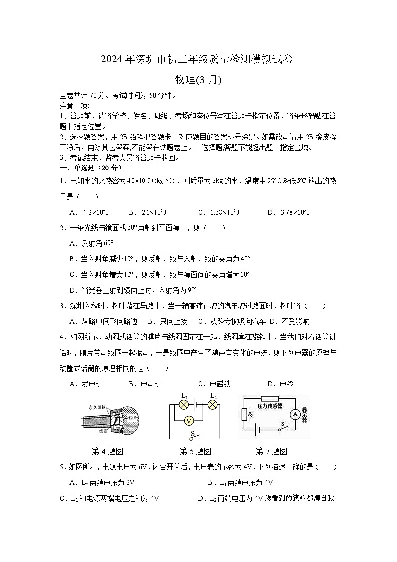 06，2024年广东省深圳市九年级质量检测模拟试卷物理01