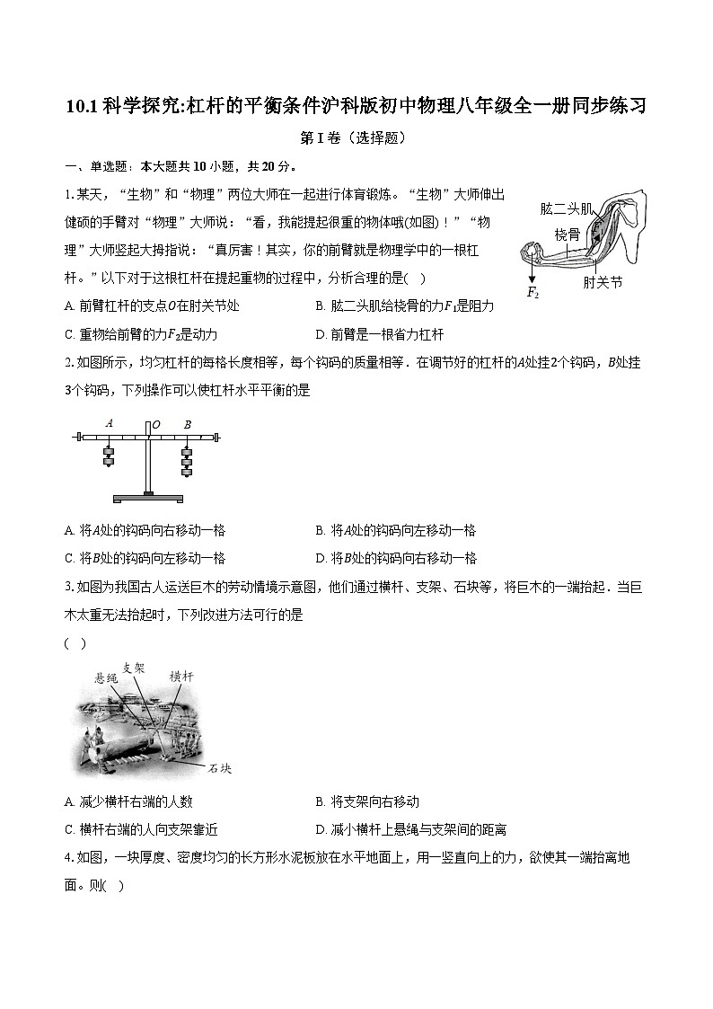 10.1科学探究_杠杆的平衡条件 沪科版初中物理八年级全一册同步练习（含详细答案解析）第1页