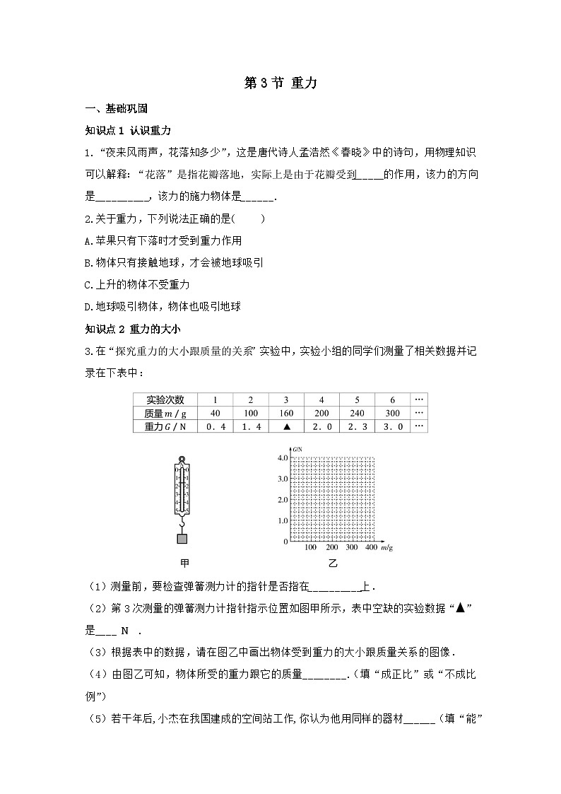 2023-2024学年人教版物理八年级下册7.3重力同步练习（含答案）01
