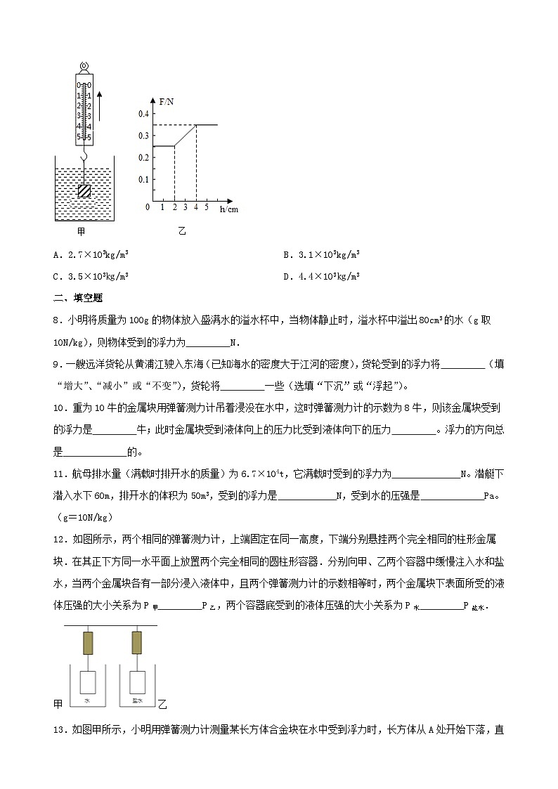 2023-2024学年人教版物理八年级下册10.2+阿基米德原理+同步练习（含答案）03