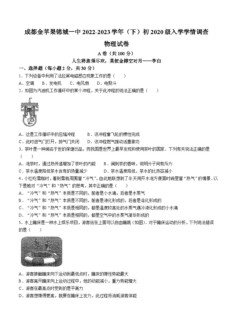 四川省成都金苹果锦城第一中学2022-2023学年九年级下学期入学学情调查物理试题第1页
